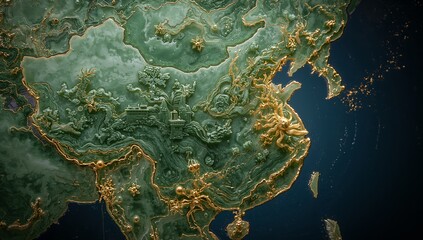 Displaying relief map of China carved in green jade on blue background, with gold filigree accents