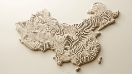 Featuring sand sculpture of China showing raked contour patterns in studio, with beige display