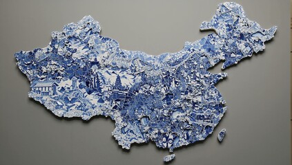 Presenting ceramic mosaic silhouette of China on gallery wall, with blue-and-white porcelain shards