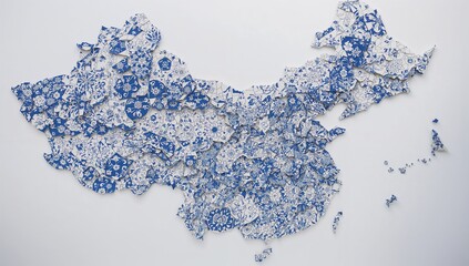 Featuring mosaic map of China displaying blue-and-white ceramic tile shards on white wall