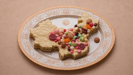 Displaying gold rim porcelain plate on tabletop, with map-shaped cookie decorated with sugar pearls