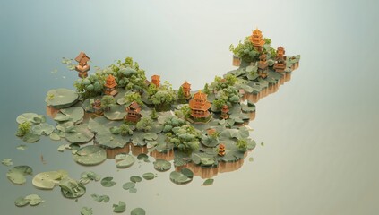 Floating island hovering in calm pond water, featuring lily pads, green trees and wooden pagodas