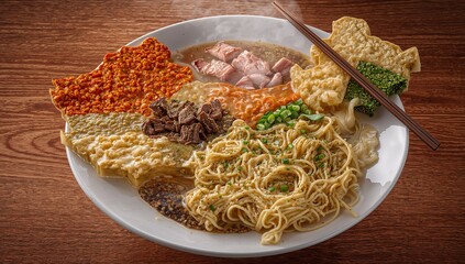 Presenting plate showing Asian noodles, broth, sauce, rice crackers on table, wooden chopsticks