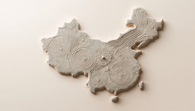 Textured map outline of China lying on pale beige studio surface, with concentric circle patterns - Powered by Adobe
