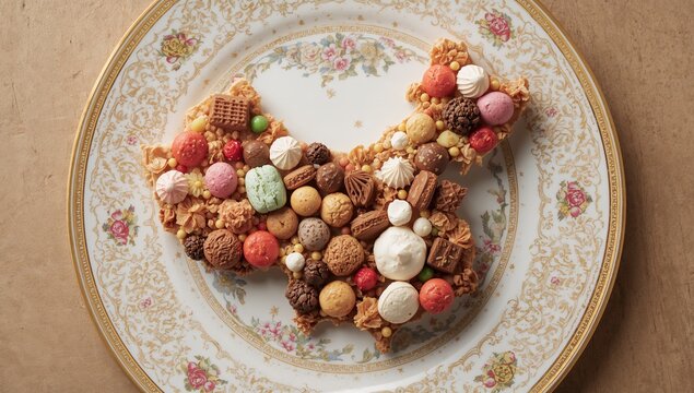 Dog-shaped dessert resting on porcelain plate in kitchen, with macarons, cream rosettes, meringues