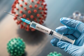 Close-up of a gloved hand holding a vaccination syringe with a virus model in the background