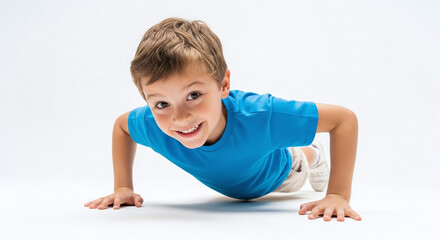 A young boy in a blue shirt doing pushups on a white background and smiling at the camera cheerfully