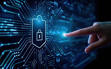Cyber security hand activates digital lock on screen, dark background, data protection concept