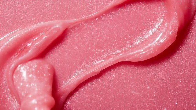 Satisfying Macro View of Stirring a Thick, Glossy Pink Cosmetic Cream or Lip Gloss.