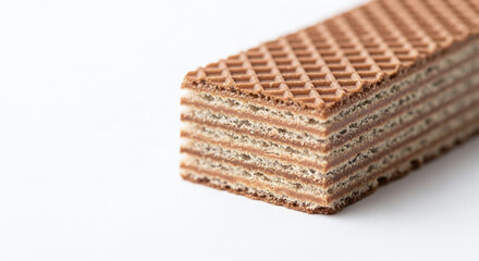 A close up shot of a chocolate wafer bar with layers on a plain white background surface top view