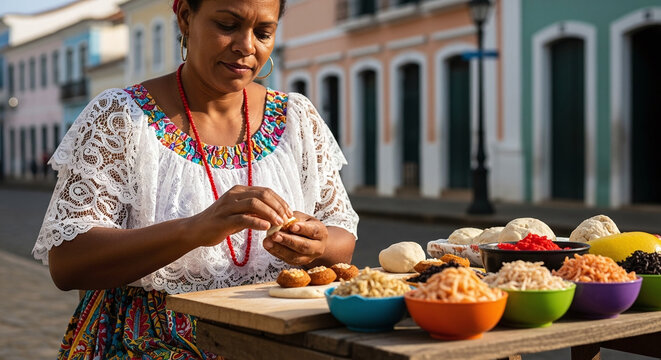 Woman in traditional dress preparing food with colorful bowls and colonial buildings in the background