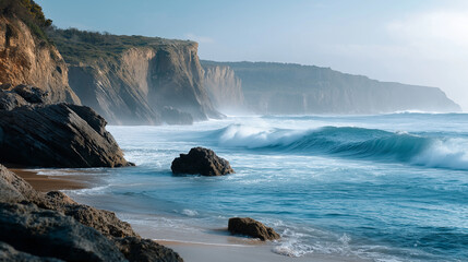 Obraz premium A coastline with waves and rocks, the serene scene illuminated by gentle light. Coastline, waves, with copy space