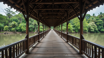 Auttamanusorn Wooden Bridge (Sapan Mon), Sungkaburi, Kanchanaburi, Thailand. Sangklaburi Sapan mon is most longer number two for wooden bridge in the world record.