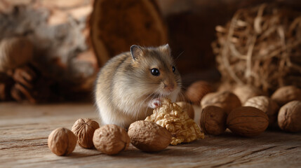 A hamster eats nuts, the cute scene illuminated by soft light. Hamster, nuts, with copy space