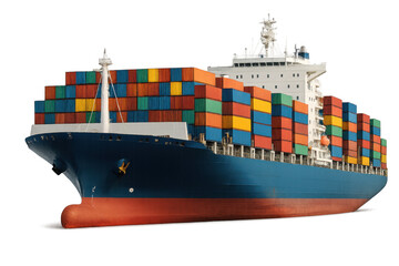 Large container ship carrying colorful cargo containers on transparent background