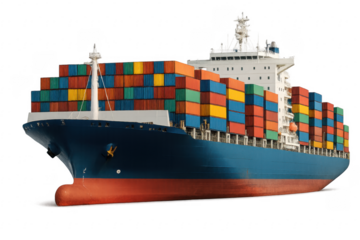 Large container ship carrying colorful cargo containers on transparent background