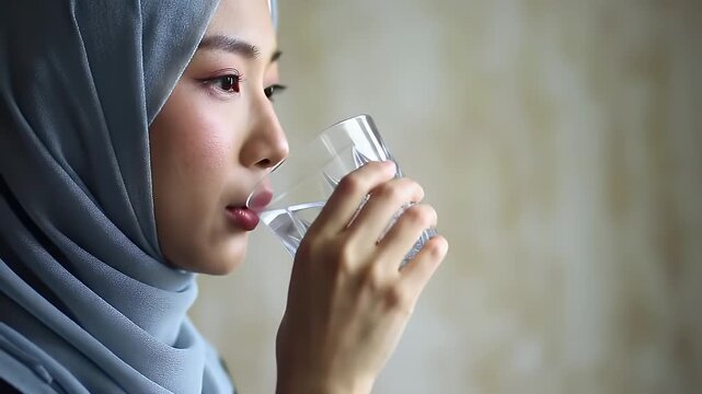 Elegant East Asian Model in Light Blue Hijab Hydrating with Water in Studio Setting A Serene Portrait of Beauty and Health Featuring Clear Glass and Neutral Backdrop for Adobe Stock