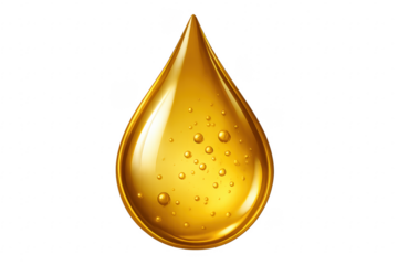 Golden oil drop with bubbles on transparent background