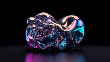 Iridescent Abstract 3D Sculpture with Twisted Geometry and Glossy Surface on Dark Background
