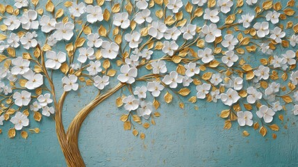 Elegant tree with white flowers and golden leaves on a textured blue background for wall art