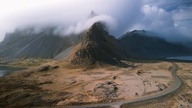 Aerial view of dramatic landscape of Hvalnes Nature Reserve area in Iceland eastern shore.