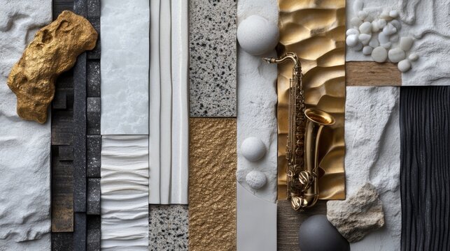 Abstract composition with saxophone and textured stone patterns in neutral tones