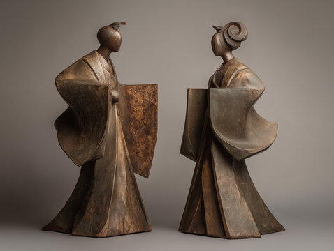 Esculturas met&aacute;licas estilizadas de figuras japonesas con vestimenta tradicional, dise&ntilde;o geom&eacute;trico y acabado envejecido, di&aacute;logo cultural, elegancia ancestral y expresi&oacute;n art&iacute;stica en forma abstracta
