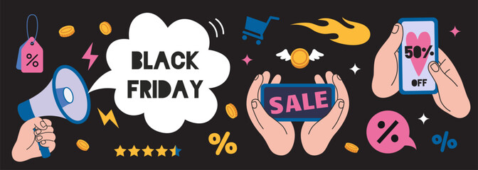 Black Friday discount banner with shopping icons, megaphone,  smartphone  and percentage signs. Trendy modern vector illustration, hand drawn, flat design