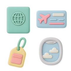 Travel icons 3D clay pastel set isolated PNG passport boarding pass luggage tag airplane window transparent background