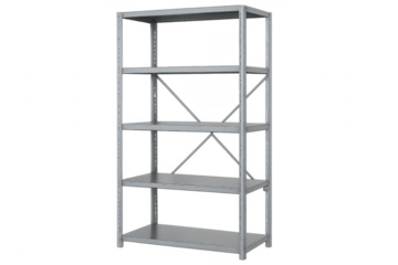 Empty metal shelving unit with five shelves on transparent background