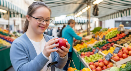 Smiling woman with down syndrome holding red apple at outdoor market. Happy female consumer shopping for fresh fruit and vegetable.