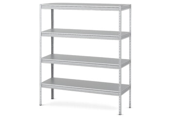Empty metal shelving unit with four shelves on transparent background