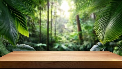 wooden display pedestal in a lush green tropical forest setting use for product placement promotion or earthy organic design