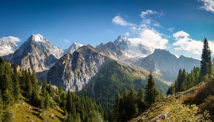 majestic mountain range with tall evergreen trees rocky cliffs vibrant vegetation and distant summits ideal environment for trekking exploration outdoor recreation and nature appreciation