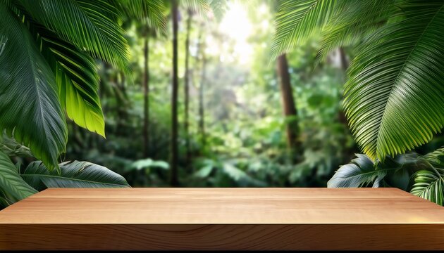 wooden display pedestal in a lush green tropical forest setting use for product placement promotion or earthy organic design