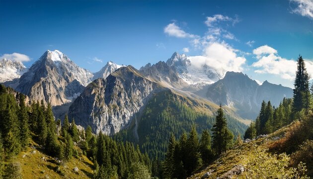 majestic mountain range with tall evergreen trees rocky cliffs vibrant vegetation and distant summits ideal environment for trekking exploration outdoor recreation and nature appreciation