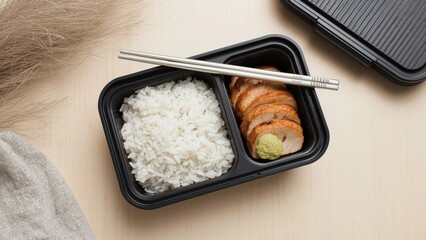 Bento-Style Food Container with Rice, Cooked Meat, and Chopsticks on Wooden Surface