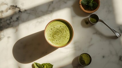 Top-Down View of Matcha Tea Bowl on Marble Surface with Natural Light and Green Leaves