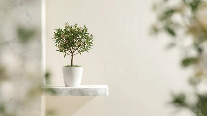 Minimalist Potted Tree on Marble Shelf with Soft Natural Background