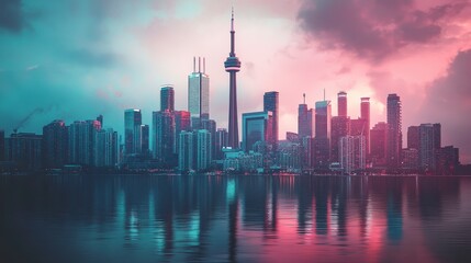 Vibrant Toronto skyline at sunset, reflected in calm water.
