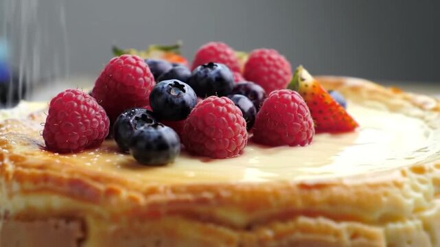 Close up of a cheesecake topped with fresh raspberries blueberries and strawberry slices