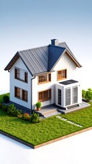 3D model of a house with a ground-mounted heat pump