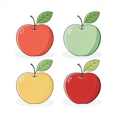 Four colorful apples with leaves isolated on white background