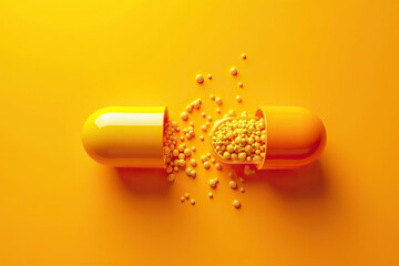 A vibrant image of a capsule revealing vitamins or supplements, isolated on yellow.