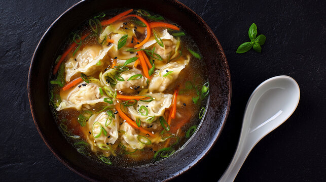 top view of traditional suigyoza, tender chicken gyoza with napa cabbage, shiitake mushrooms, sliced carrots and green onions in a savory, sesame-infused chicken broth, white renge shpoon
