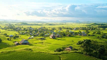 Fototapeta premium Green valley with houses under cloudy sky