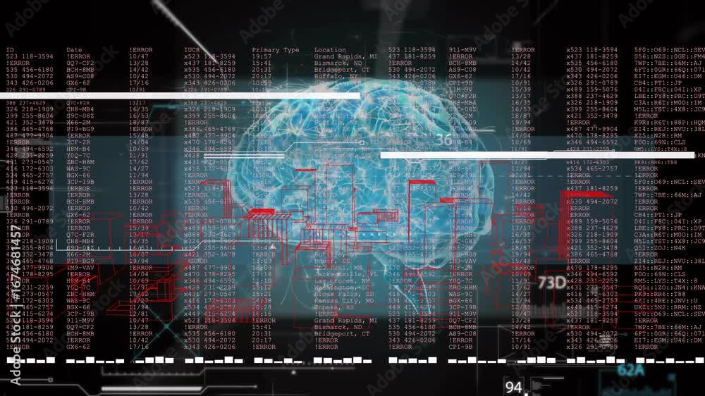 Poster on interface loading holographic brain rotating while data scrolling and circuits mapping pathways