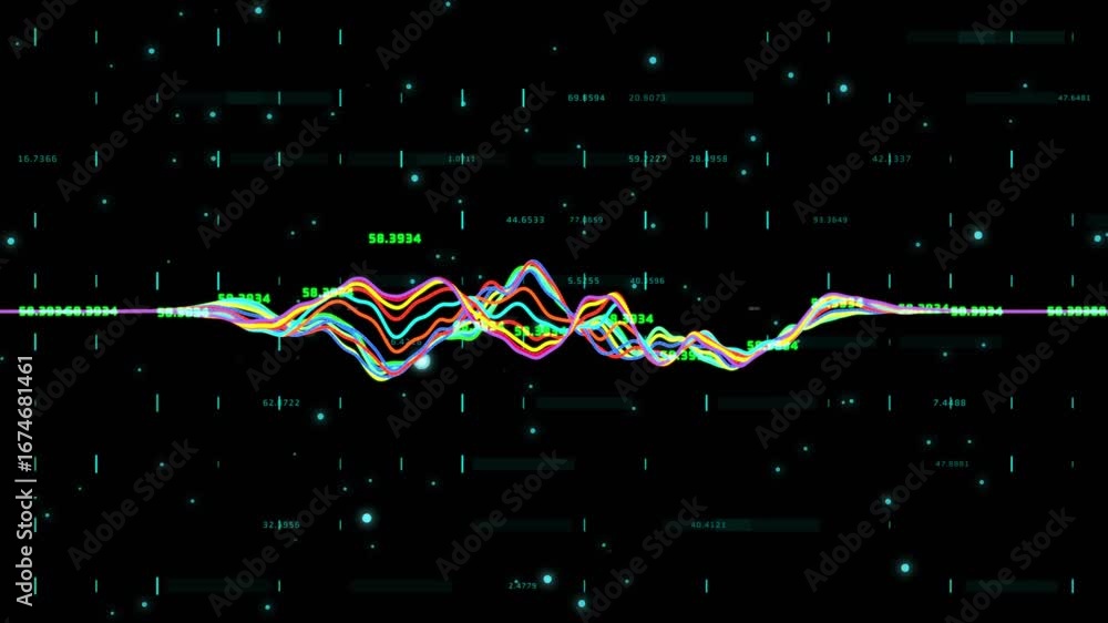 Aufkleber opening colored waveform in starfield rising peaks flickering numeric labels showing data flow