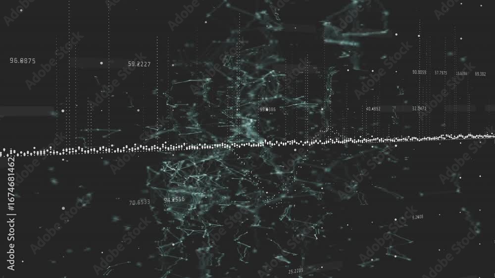 Aufkleber receiving input, data band animating clusters shifting and spikes rising to show data stabilizing
