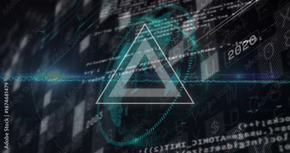Fototapete opening on data viz hud animating triangle pulsing globe and floating years visualizing timeline